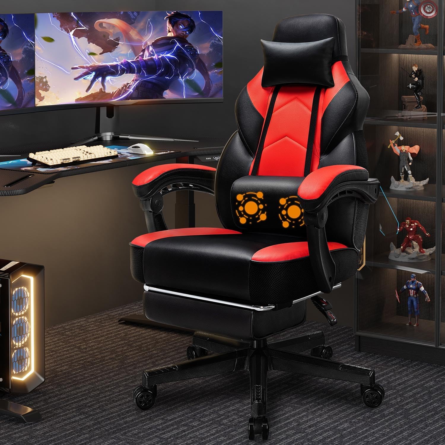 Massage - Gaming-Stuhl mit Fußstütze, Massage-Lendenwirbelstütze, ergonomisches Design