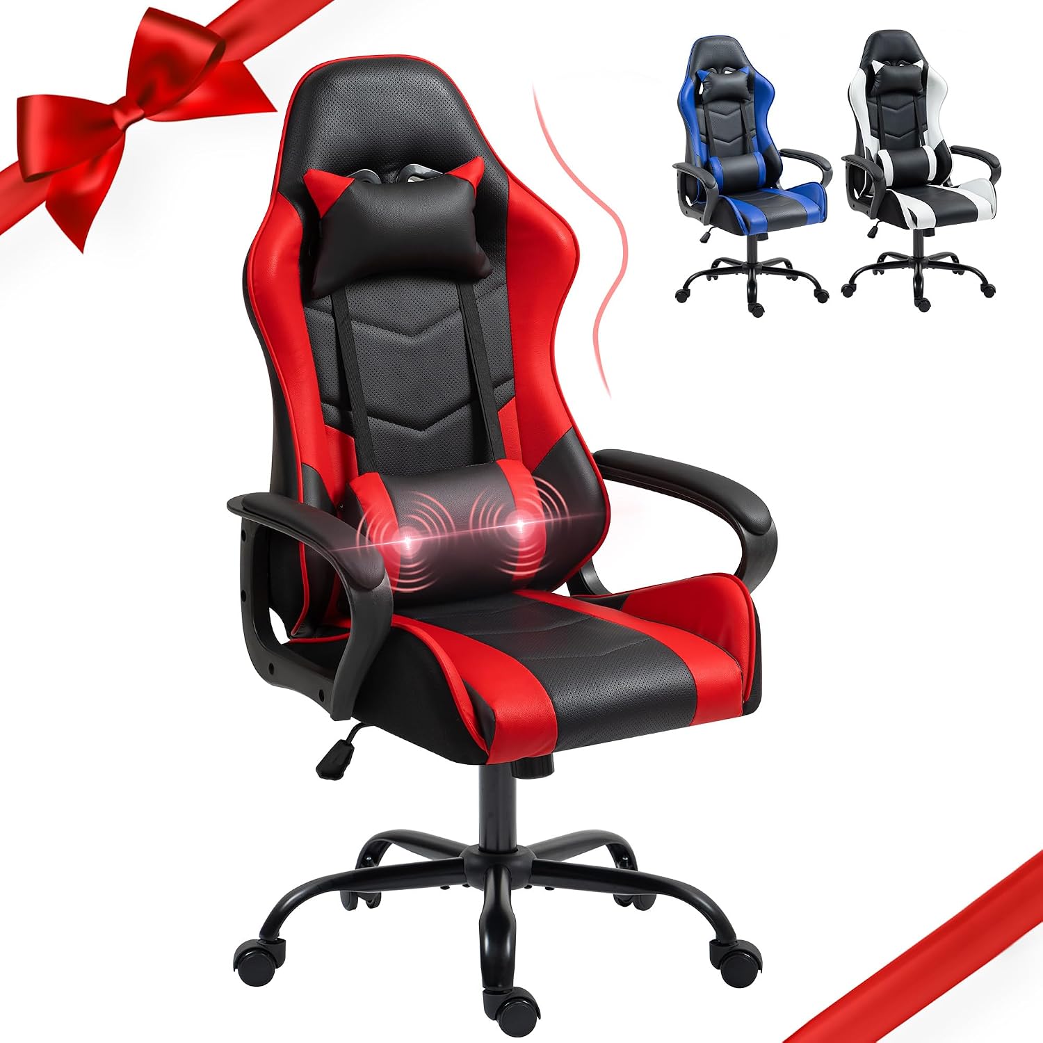Massage - Roter Ergonomischer Gaming-Stuhl mit Massage, Lendenstütze